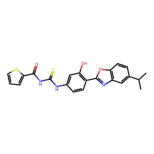 N-({3-hydroxy-4-[5-(propan-2-yl)-1,3-benzoxazol-2-yl]phenyl}carbamothioyl)thiophene-2-carboxamide structure