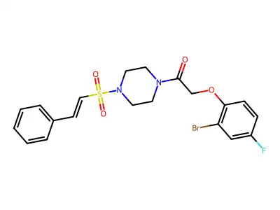 2-(2-bromo-4-fluorophenoxy)-1-[4-(2-phenylethenesulfonyl)piperazin-1-yl]ethan-1-one structure