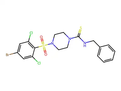 N-Benzyl-4-(4-bromo-2,6-dichlorobenzenesulfonyl)piperazine-1-carbothioamide structure