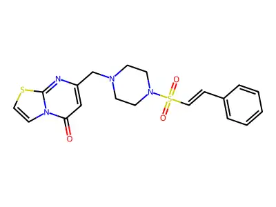 7-[[4-[(E)-2-phenylethenyl]sulfonylpiperazin-1-yl]methyl]-[1,3]thiazolo[3,2-a]pyrimidin-5-one structure