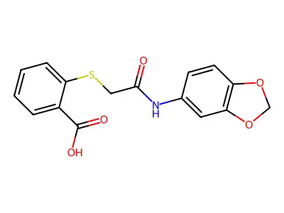 2-({[(1,3-Dioxaindan-5-yl)carbamoyl]methyl}sulfanyl)benzoic acid structure