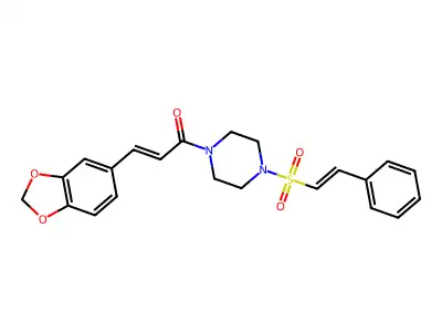 3-(1,3-dioxaindan-5-yl)-1-[4-(2-phenylethenesulfonyl)piperazin-1-yl]prop-2-en-1-one structure