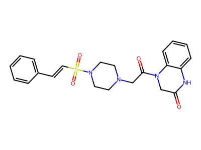 4-[2-[4-(2-phenylethenylsulfonyl)piperazin-1-yl]acetyl]-1,3-dihydroquinoxalin-2-one structure