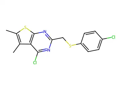 4-chloro-2-{[(4-chlorophenyl)sulfanyl]methyl}-5,6-dimethylthieno[2,3-d]pyrimidine structure
