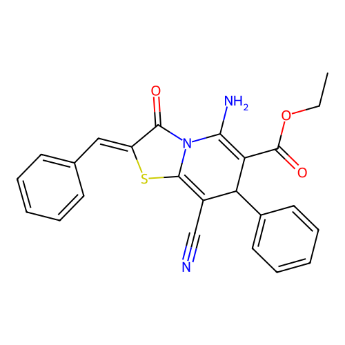 (Z)-ethyl 5-amino-2-benzylidene-8-cyano-3-oxo-7-phenyl-3,7-dihydro-2H-thiazolo[3,2-a]pyridine-6-carboxylate structure
