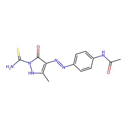 N-{4-[(2Z)-2-(1-carbamothioyl-3-methyl-5-oxo-1,5-dihydro-4H-pyrazol-4-ylidene)hydrazinyl]phenyl}acetamide structure