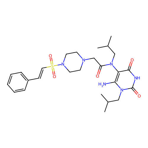 N-[6-amino-1-(2-methylpropyl)-2,4-dioxopyrimidin-5-yl]-N-(2-methylpropyl)-2-[4-[(E)-2-phenylethenyl]sulfonylpiperazin-1-yl]acetamide structure