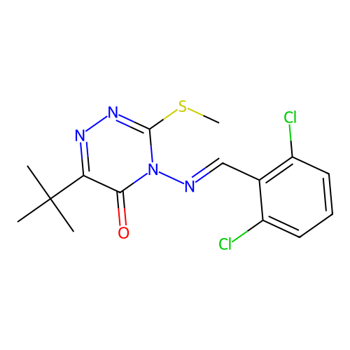 6-tert-butyl-4-[(E)-(2,6-dichlorophenyl)methylideneamino]-3-methylsulfanyl-1,2,4-triazin-5-one structure