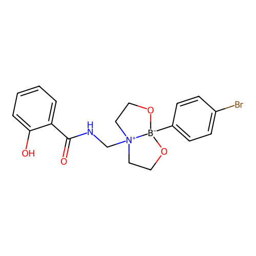 N-[[5-(4-bromophenyl)-4,6-dioxa-1-azonia-5-boranuidabicyclo[3.3.0]octan-1-yl]methyl]-2-hydroxybenzamide structure