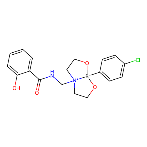 N-[[5-(4-chlorophenyl)-4,6-dioxa-1-azonia-5-boranuidabicyclo[3.3.0]octan-1-yl]methyl]-2-hydroxybenzamide structure