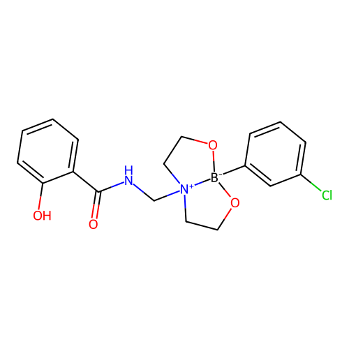 N-[[5-(3-chlorophenyl)-4,6-dioxa-1-azonia-5-boranuidabicyclo[3.3.0]octan-1-yl]methyl]-2-hydroxybenzamide structure
