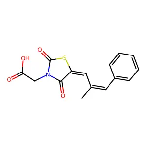 2-((Z)-5-((E)-2-methyl-3-phenylallylidene)-2,4-dioxothiazolidin-3-yl)acetic acid structure