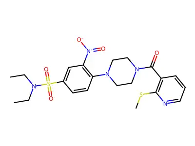 N,N-diethyl-4-[4-(2-methylsulfanylpyridine-3-carbonyl)piperazin-1-yl]-3-nitro-benzenesulfonamide structure