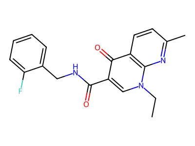 1-ethyl-N-[(2-fluorophenyl)methyl]-7-methyl-4-oxo-1,8-naphthyridine-3-carboxamide structure