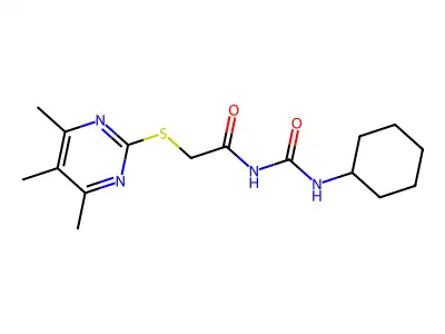 N-(cyclohexylcarbamoyl)-2-(4,5,6-trimethylpyrimidin-2-yl)sulfanylacetamide structure