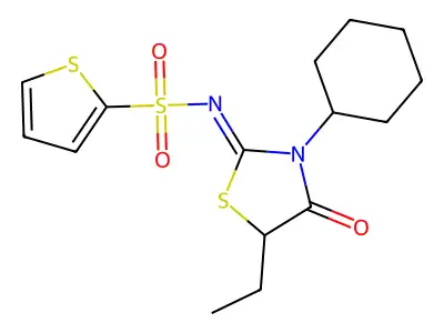N-(3-cyclohexyl-5-ethyl-4-oxo-1,3-thiazolidin-2-ylidene)thiophene-2-sulfonamide structure