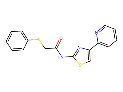 2-(phenylthio)-N-(4-(pyridin-2-yl)thiazol-2-yl)acetamide structure