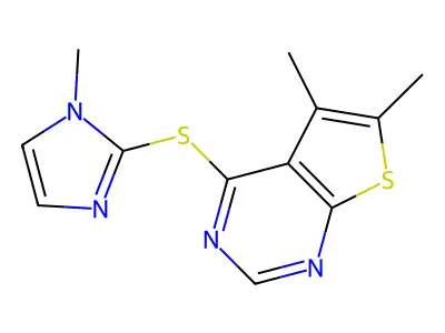 5,6-dimethylthieno[2,3-d]pyrimidin-4-yl 1-methyl-1H-imidazol-2-yl sulfide structure