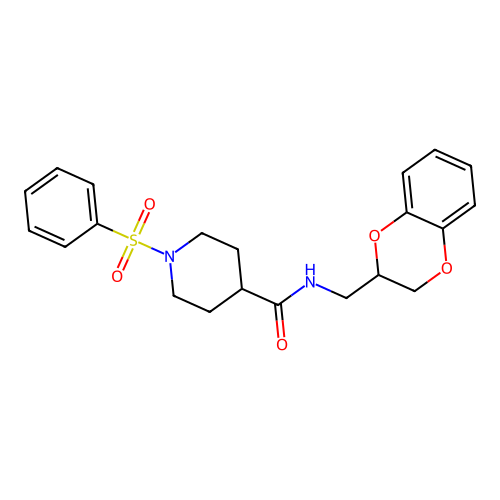 1-(benzenesulfonyl)-N-(2,3-dihydro-1,4-benzodioxin-3-ylmethyl)piperidine-4-carboxamide structure