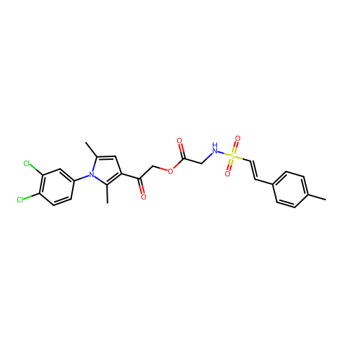 [2-[1-(3,4-dichlorophenyl)-2,5-dimethylpyrrol-3-yl]-2-oxoethyl] 2-[[(E)-2-(4-methylphenyl)ethenyl]sulfonylamino]acetate structure