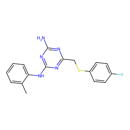 6-[(4-fluorophenyl)sulfanylmethyl]-2-N-(2-methylphenyl)-1,3,5-triazine-2,4-diamine structure