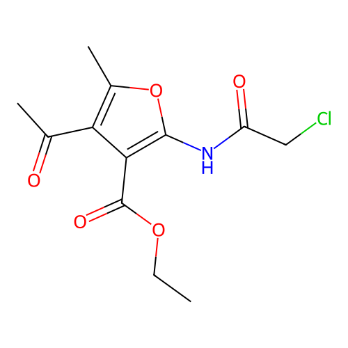 Ethyl 4-acetyl-2-(2-chloroacetamido)-5-methylfuran-3-carboxylate structure