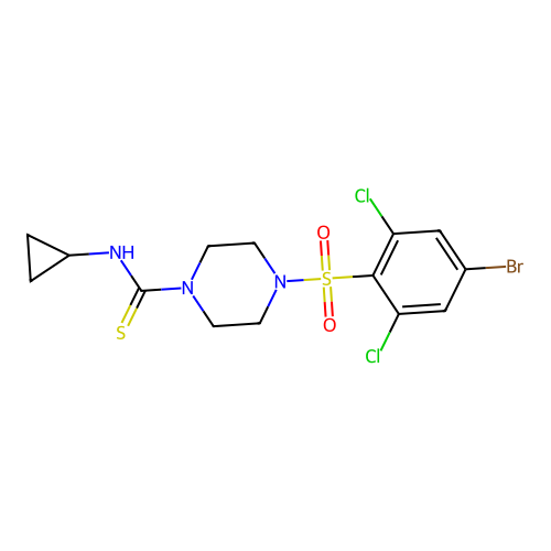 4-(4-bromo-2,6-dichlorophenyl)sulfonyl-N-cyclopropylpiperazine-1-carbothioamide structure