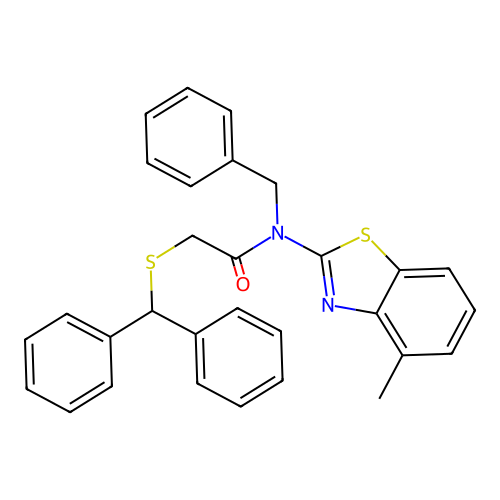 2-benzhydrylsulfanyl-N-benzyl-N-(4-methyl-1,3-benzothiazol-2-yl)acetamide structure