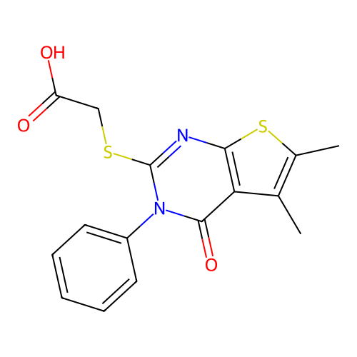 (5,6-Dimethyl-4-oxo-3-phenyl-3,4-dihydro-thieno[2,3-d]pyrimidin-2-ylsulfanyl)-acetic acid structure