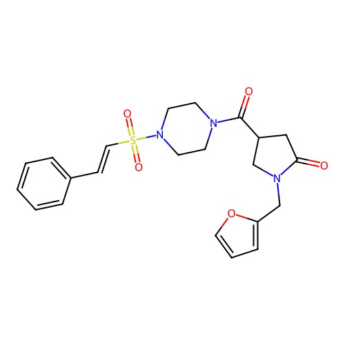 1-[(furan-2-yl)methyl]-4-[4-(2-phenylethenesulfonyl)piperazine-1-carbonyl]pyrrolidin-2-one structure