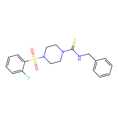 N-benzyl-4-(2-fluorobenzenesulfonyl)piperazine-1-carbothioamide structure