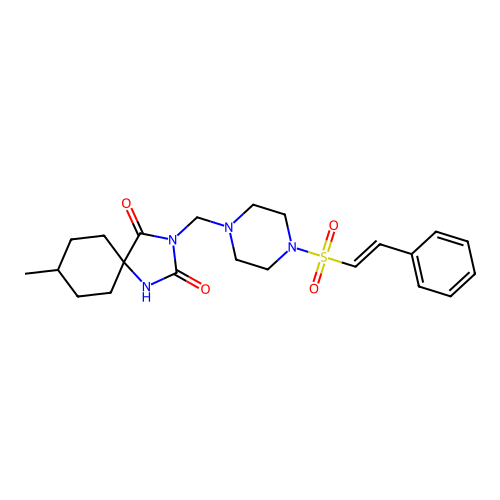 8-methyl-2-[[4-[(E)-2-phenylethenyl]sulfonylpiperazin-1-yl]methyl]-2,4-diazaspiro[4.5]decane-1,3-dione structure
