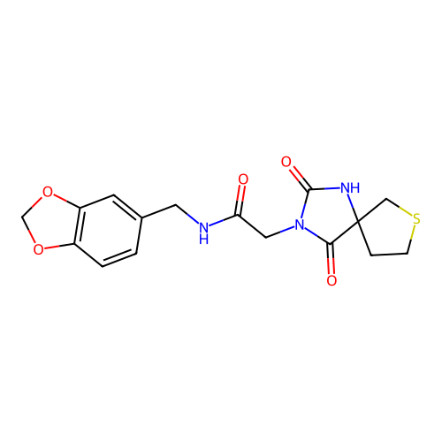 N-(Benzo[d][1,3]dioxol-5-ylmethyl)-2-(2,4-dioxo-7-thia-1,3-diazaspiro[4.4]nonan-3-yl)acetamide structure