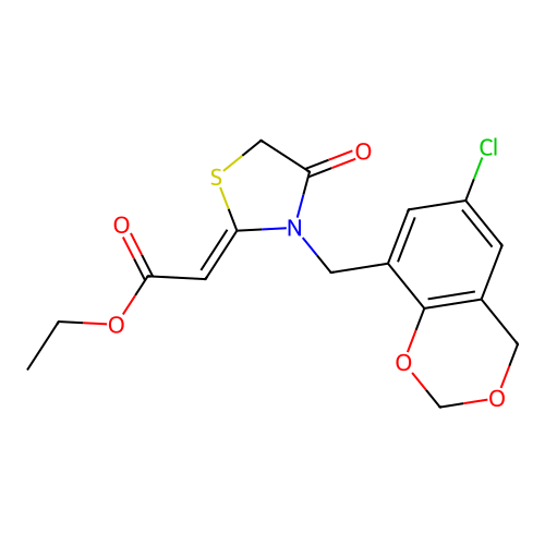 ethyl 2-[(2Z)-3-[(6-chloro-2,4-dihydro-1,3-benzodioxin-8-yl)methyl]-4-oxo-1,3-thiazolidin-2-ylidene]acetate structure