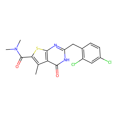{2-[(2,4-dichlorophenyl)methyl]-5-methyl-4-oxo(3-hydrothiopheno[2,3-d]pyrimidi n-6-yl)}-N,N-dimethylcarboxamide structure