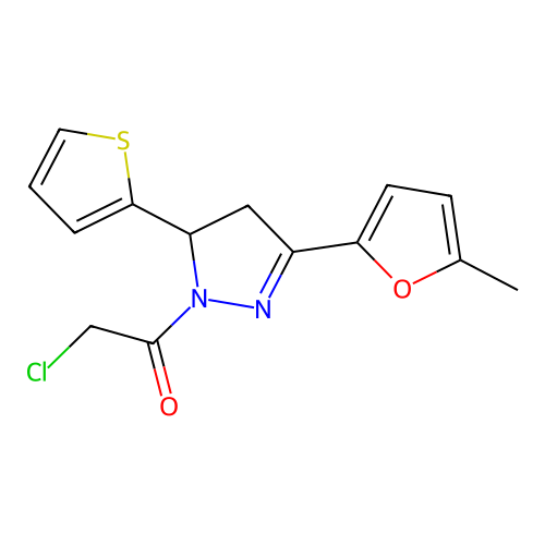 2-chloro-1-[3-(5-methylfuran-2-yl)-5-(thiophen-2-yl)-4,5-dihydro-1H-pyrazol-1-yl]ethan-1-one structure