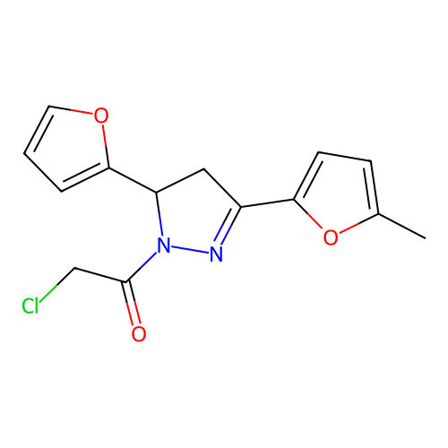 2-chloro-1-[5-(furan-2-yl)-3-(5-methylfuran-2-yl)-4,5-dihydro-1H-pyrazol-1-yl]ethan-1-one structure