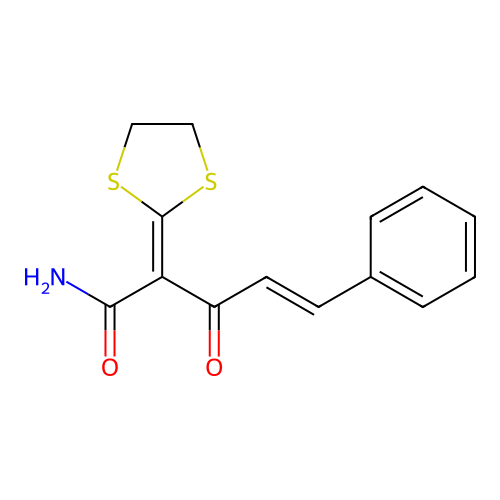 (4E)-2-(1,3-dithiolan-2-ylidene)-3-oxo-5-phenylpent-4-enamide structure