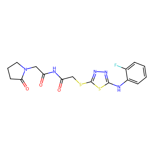 N-[2-[[5-(2-fluoroanilino)-1,3,4-thiadiazol-2-yl]sulfanyl]acetyl]-2-(2-oxopyrrolidin-1-yl)acetamide structure