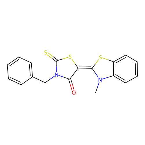 3-Benzyl-5-(3-methylbenzothiazolin-2-ylidene)-2-thioxothiazolidin-4-one structure