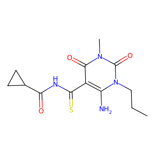 N-(4-amino-1-methyl-2,6-dioxo-3-propylpyrimidine-5-carbothioyl)cyclopropanecarboxamide structure