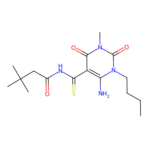 N-(6-amino-1-butyl-3-methyl-2,4-dioxopyrimidine-5-carbothioyl)-3,3-dimethylbutanamide structure