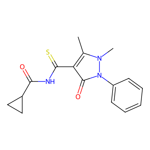 N-(1,5-dimethyl-3-oxo-2-phenylpyrazole-4-carbothioyl)cyclopropanecarboxamide structure