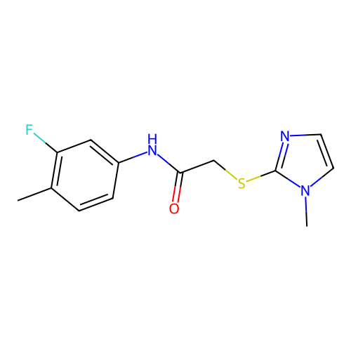 N-(3-fluoro-4-methylphenyl)-2-(1-methylimidazol-2-yl)sulfanylacetamide structure