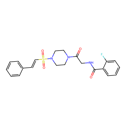 2-fluoro-N-[2-oxo-2-[4-[(E)-2-phenylethenyl]sulfonylpiperazin-1-yl]ethyl]benzamide structure