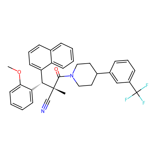 (2R)-2-((S)-(2-Methoxyphenyl)-(1-naphthyl)methyl)-2-methyl-3-oxo-3-(4-(3-(trifluoromethyl)phenyl)-1-piperidyl)propanenitrile structure