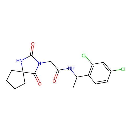 N-[1-(2,4-dichlorophenyl)ethyl]-2-(2,4-dioxo-1,3-diazaspiro[4.4]nonan-3-yl)acetamide structure