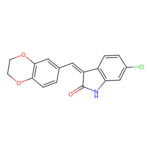 (3Z)-6-chloro-3-(2,3-dihydro-1,4-benzodioxin-6-ylmethylidene)-1,3-dihydro-2H-indol-2-one structure