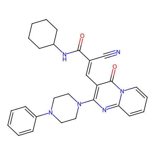 (2E)-2-cyano-N-cyclohexyl-3-[4-oxo-2-(4-phenylpiperazin-1-yl)-4H-pyrido[1,2-a]pyrimidin-3-yl]prop-2-enamide structure