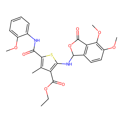 ethyl 2-((4,5-dimethoxy-3-oxo-1,3-dihydroisobenzofuran-1-yl)amino)-5-((2-methoxyphenyl)carbamoyl)-4-methylthiophene-3-carboxylate structure